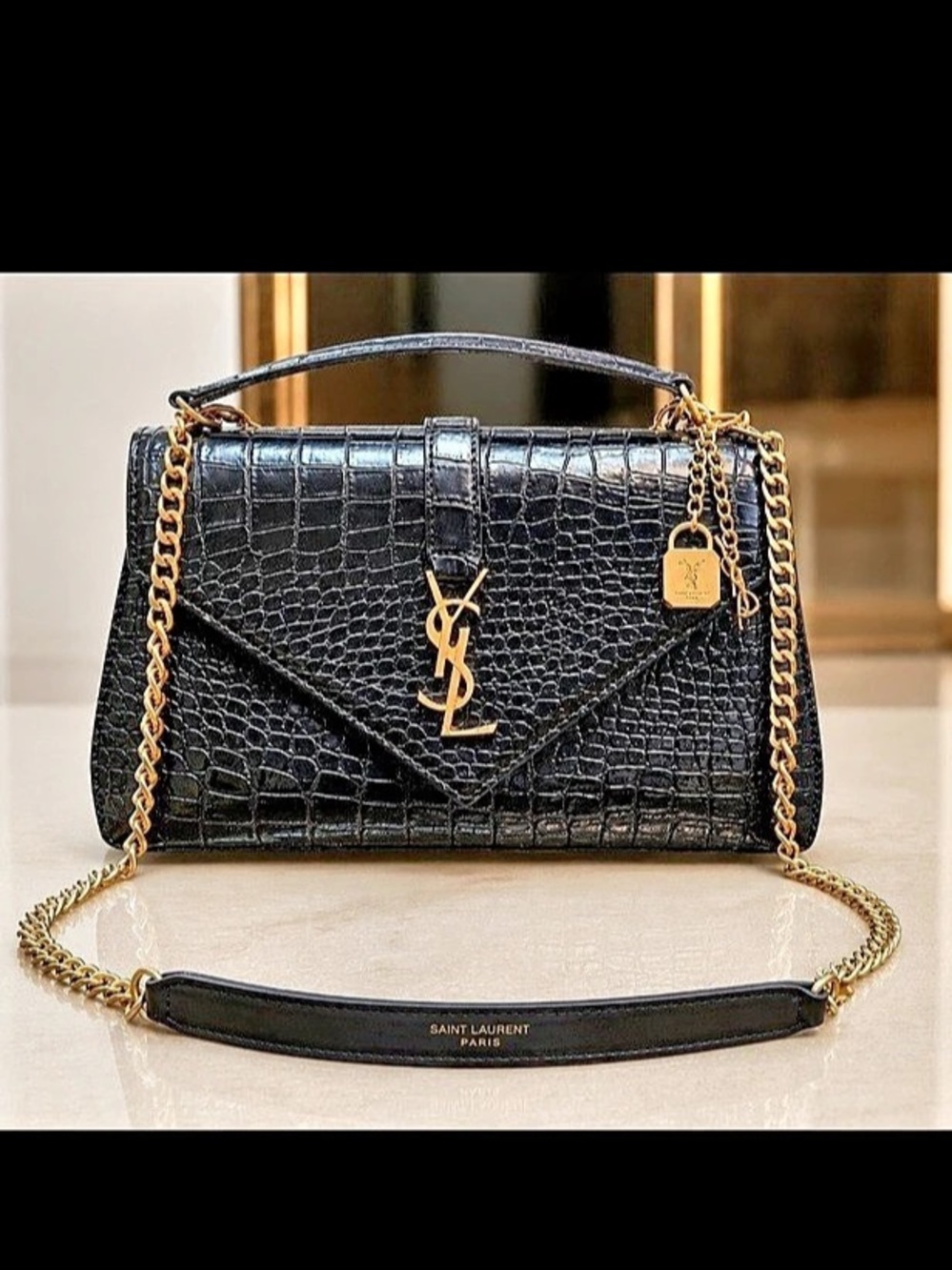 Crocodile-Embossed Shoulder Bag in Black Like New